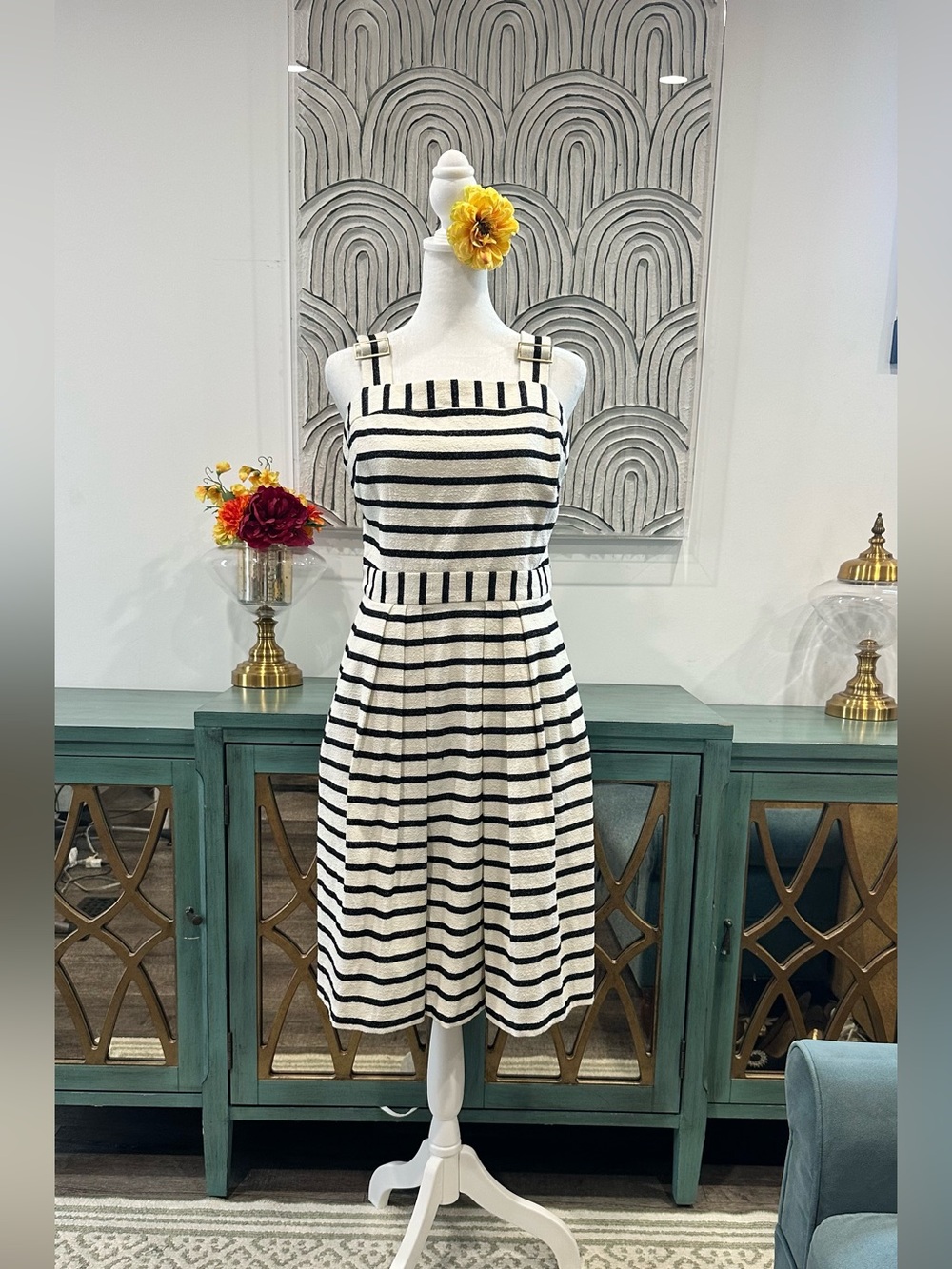 New York & Company Black and White Striped Square-Neck Midi Dress